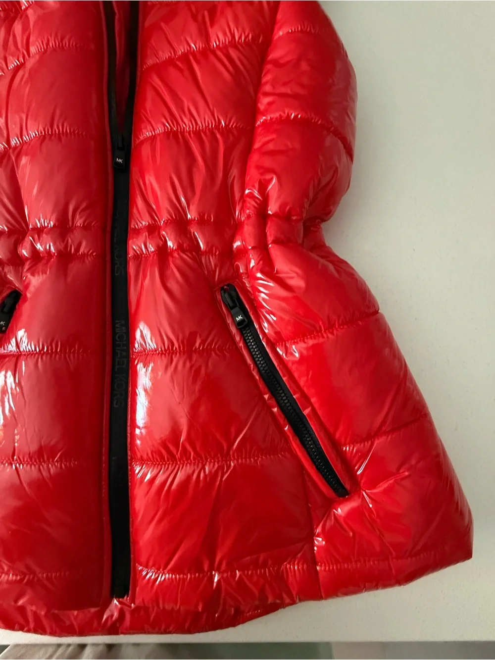 Michael Kors Glossy Red Puffer Vest with Removable Hoodie - Size Small